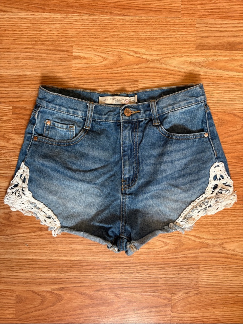 Zara Blue Denim Shorts with White Crochet Trim